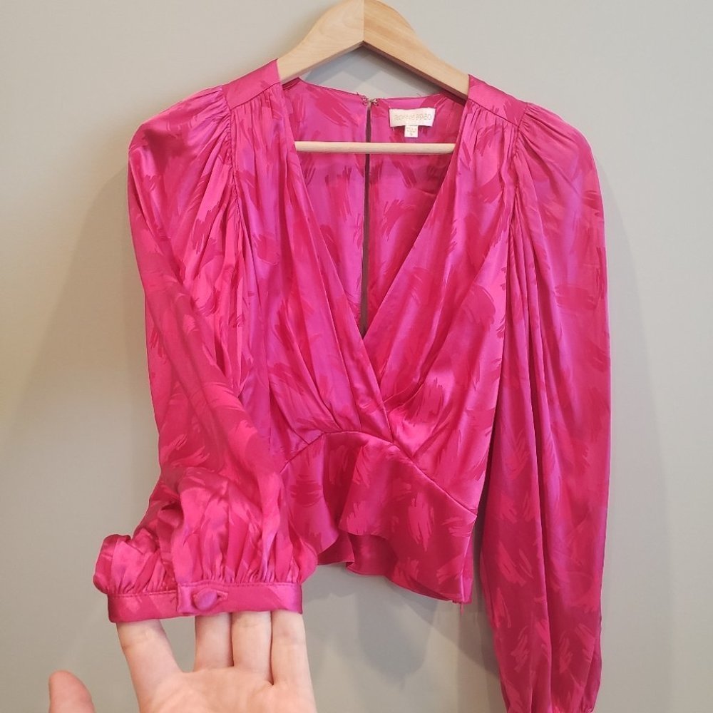 Ronny Kobo Collection Fuchsia Pink Satin Long Sleeve Wrap Blouse - Picture 3 of 10